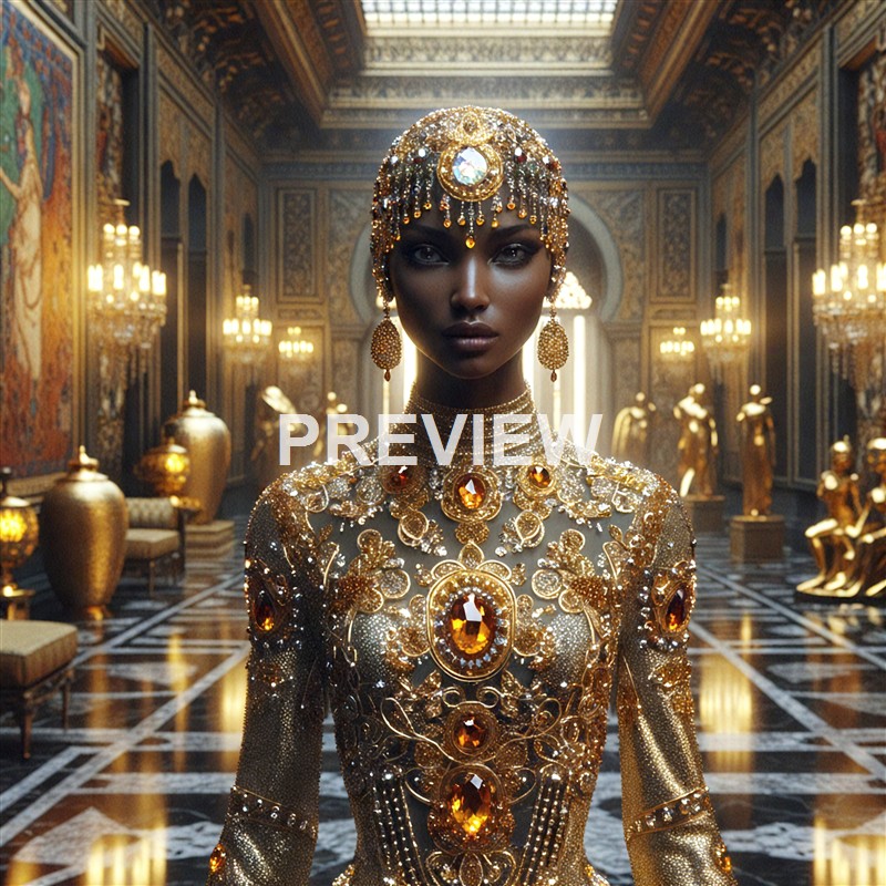 A woman dressed in an elaborate, gold and jewel-encrusted outfit with matching jewelry, standing in a luxurious, ornately decorated hall filled with golden statues and intricate details.